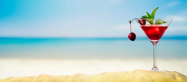 Cherry cocktail in martini glass on tropical sandy beach banner. Summer vacation holiday and beach party design. Island resort beach bar background. Happy hour drink menu.