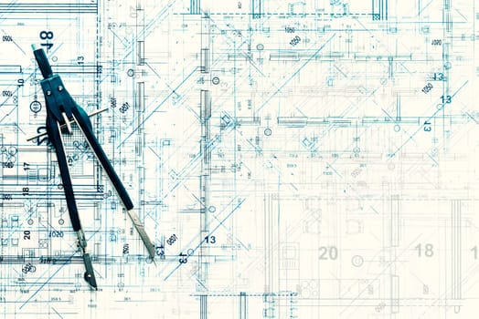 Top view of architectural design project of new modern home. Creative construction studio background. Abstract blueprint drawing and divider.