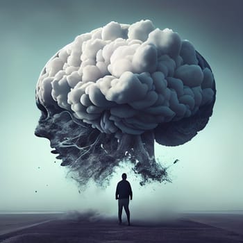 Huge dark cloud over a man on a road, depression and negative thoughts, mental health, burn out and stress, generative AI
