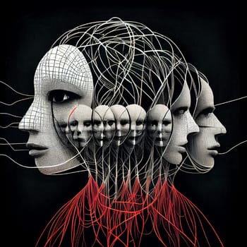 Mind control, brain with strings, manipulation and dictator concept, mass hypnosis by media, generative AI