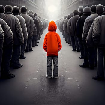 Group of people standing in a line, one child with a red jacket is standing out from the crowd, be different, make your own decision, generative AI