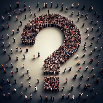 Group of people building a question mark, searching for answers, thoughts for solving a problem, having doubts, generative AI