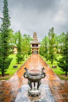 View of a seven-story pagoda in Thien Mu Temple in Hue, Vietnam