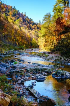 Scenic view of Big Laurel Creek in North Carolina in fall