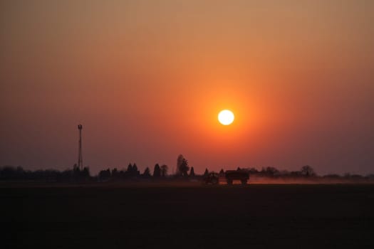 Red sunset over the field. Beautiful sunset in nature. Rural nature at sunset. Red sunset landscape