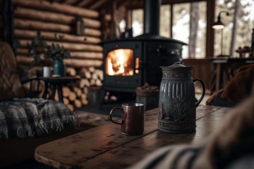 Cozy living room with a fireplace and a cup of hot drink