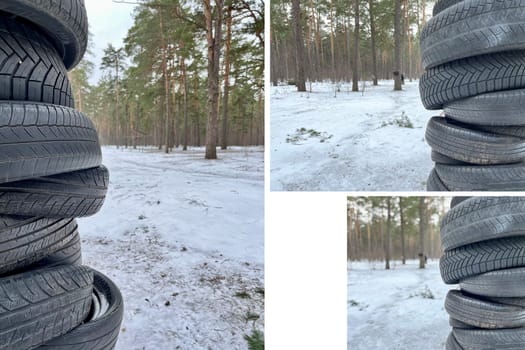 used tires on the background of a winter forest are adapted for athletes' training