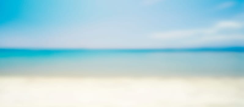 Tropical island sandy beach design background. Blurred abstract resort landscape with sun and sea. Holiday and traveling concept. Soft and light image.