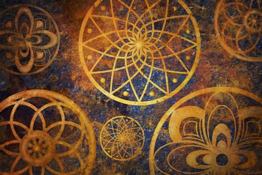 Abstract fantasy space with golden circle pattern. Art wallpaper with dark gold and blue color. Creative artistic background design.