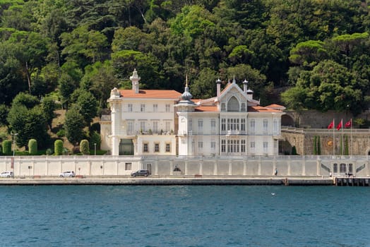 View of the official residence of the president of Turkey, formerly The Huber Mansion, located at the European side of Bosphorus Strait in Tarabya neighborhood in Sariyer district of Istanbul, Turkey