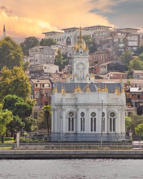 View from Golden Horn of Neo Byzantine architecture style Bulgarian St. Stephen Church, a Bulgarian Orthodox church in Balat district, Istanbul, Turkey