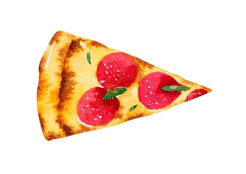 Slice of pizza pepperoni. Watercolor hand drawn illustration isolated on white background.