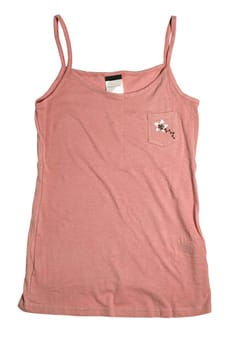 Sleeveless shirt isolated. Close-up child girl shirt or t-shirt with pink ribbons on the back isolated on a white background. Clipping path. Kids fashion.