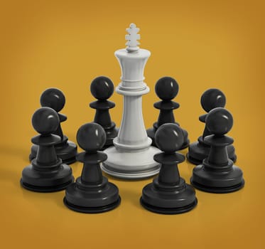 White Chess king surrounded with black pawns. 3D illustration.