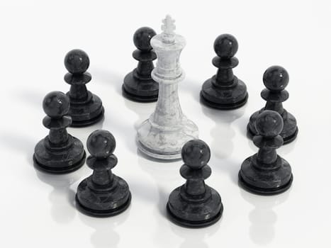 White Chess king surrounded with black pawns. 3D illustration.