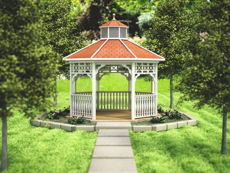 Garden gazebo on the grass field among the trees. 3D illustration.