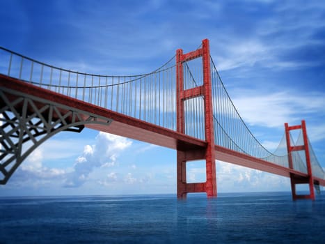 Suspension bridge across the sea connecting two sides of the land. 3D illustration.