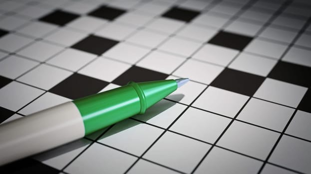 Ball point pen standing on crossword puzzle. 3D illustration.