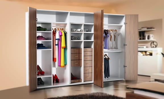 Open wardrobe full of clothes standing on parquet floor. 3D illustration.
