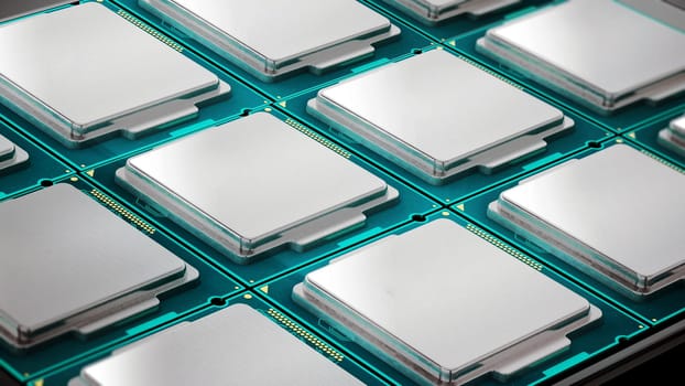 Row of generic brandless microprocessors or CPUs. 3D illustration.