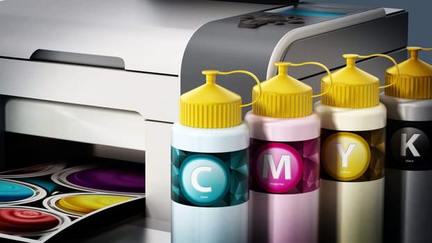 CMYK ink filling bottles and inkjet printer isolated on white background. 3D illustration.