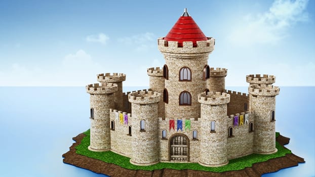 Fantastic medieval castle surrounded by water. 3D illustration.