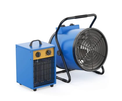 Two different industrial electric fan heaters on white background