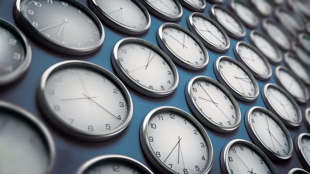 Clocks on the wall background. 3D illustration.