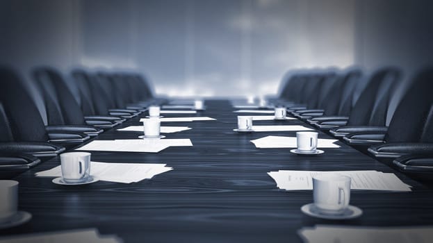 Monotone boardroom table image with DOF effect. 3D illustration.