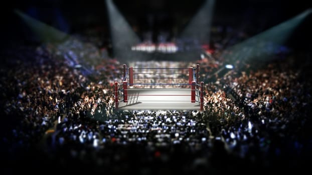 Empty boxing ring surrounded with spectators. 3D illustration.
