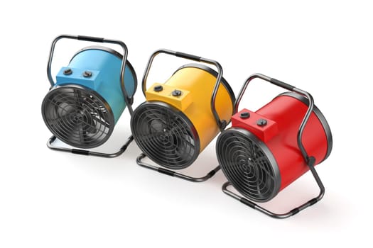 Three industrial electric heaters with different colors on white background