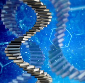 DNA shaped stack of books on blue background. 3D illustration.