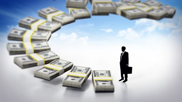 Silhouette of a businessman standing near the staircase formed with dollar bills. 3D illustration.