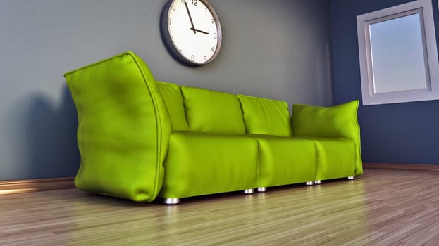 Green comfortable couch standing on parquet ground. 3D illustration.