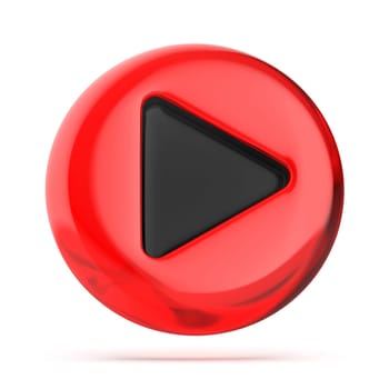 Red glass play button on white background