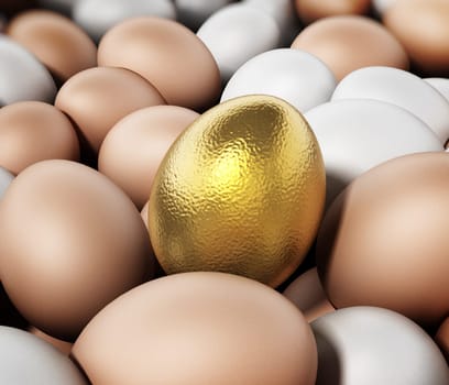 Golden egg standing out among brown and white eggs. 3D illustration.