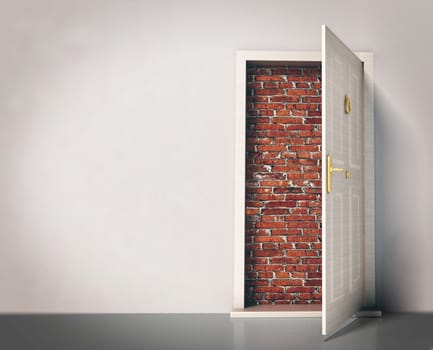 Open door entry blocked with brick wall. 3D illustration.