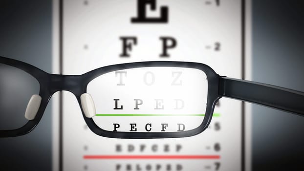 Eye test chart and eyeglasses. 3D illustration.