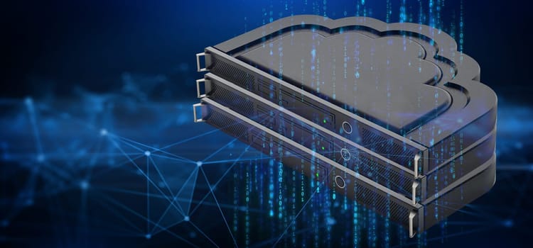Cloud shaped network server rack on blue background. 3D illustration.