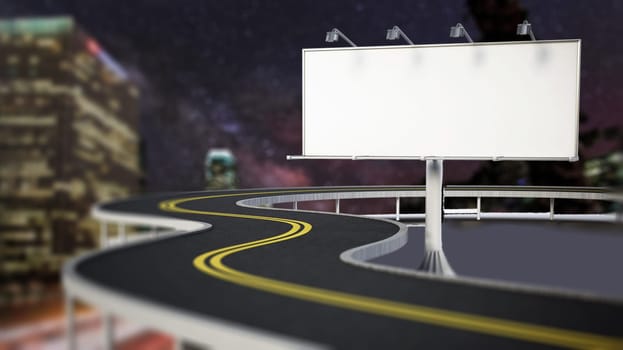 Blank billboard near the highway on city night background. 3D illustration.