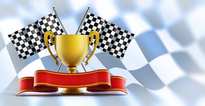 Gold cup, checkered flags and red ribbon on checkered flag background. 3D illustration.