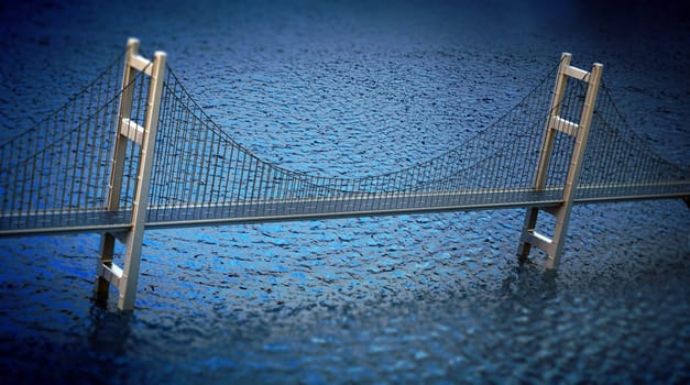 Suspension bridge across the sea connecting two sides of the land. 3D illustration.