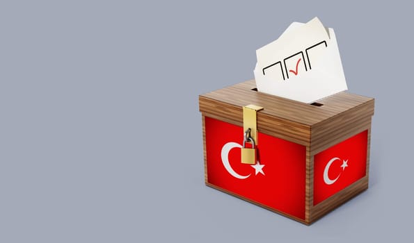 Flag of Turkey on ballot box. Turkish elections concept with copy space on the left. 3D illustration.