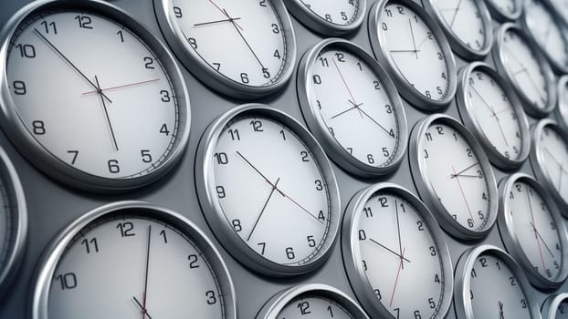 Modern wall clocks showing different time zones of world cities. 3D illustration.