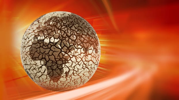 Globe with cracked soil texture on red background. Environmental damage and climate change concept. 3D illustration.