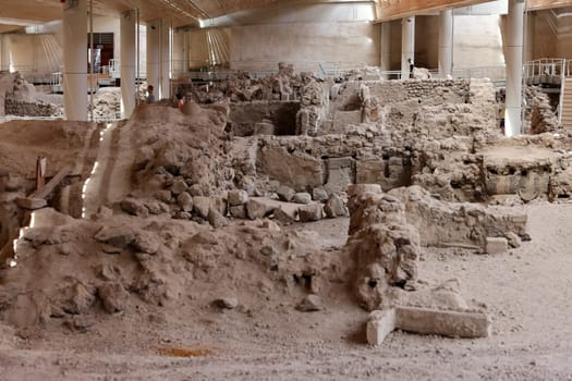 Santorini, Greece - July 01, 2021: Akrotiri, excavation site of a Minoan Bronze Age settlement on the Greek island of Santorini