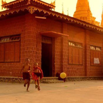 Young Monks Play Soccer in a Pagoda in the town of Nyaungshwe at the Inle Lake in the Shan State in the east of Myanmar in Southeastasia.