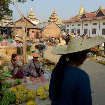 the market at the Village of Phaung Daw Oo at the Inle Lake in the Shan State in the east of Myanmar in Southeastasia.