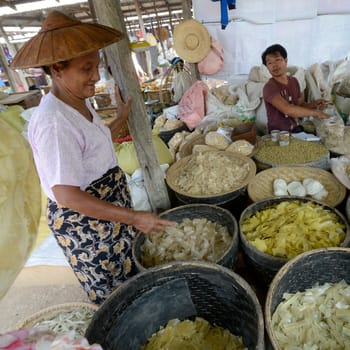 the market at the Village of Phaung Daw Oo at the Inle Lake in the Shan State in the east of Myanmar in Southeastasia.