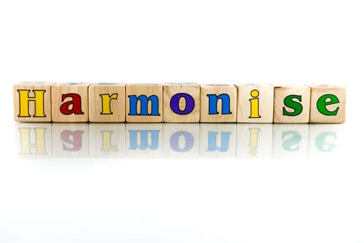 harmonise colorful wooden word block on the white background